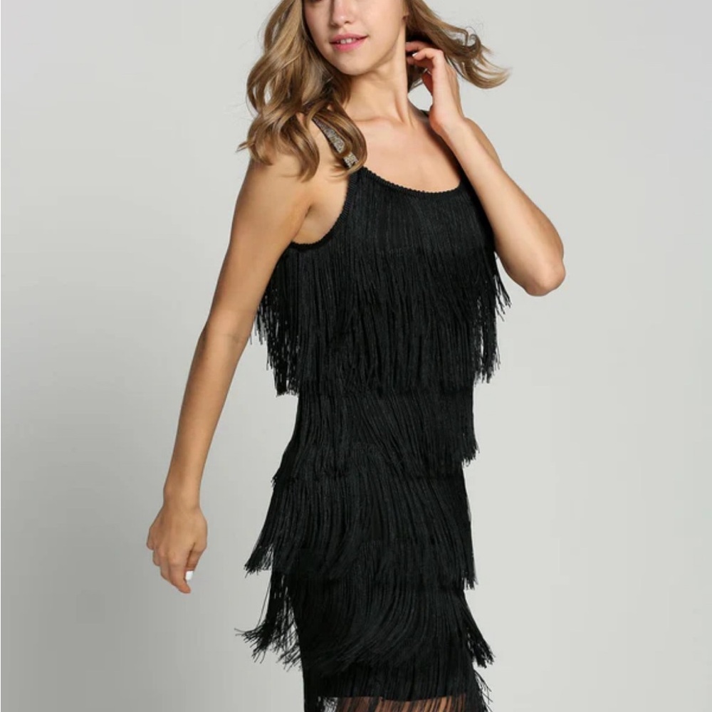 BELTED BLACK 1920S FRINGE GATSBY DRESS M - Picture 4 of 5
